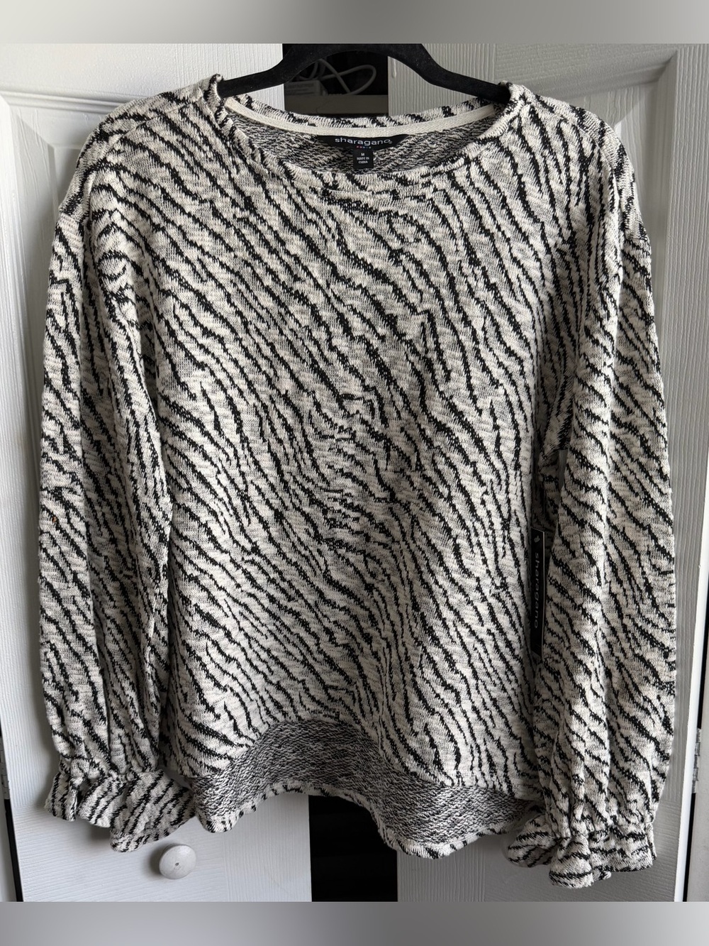 Sharagano Zebra-Print Crewneck High-Low Lightweight Knit Sweater